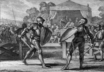 Gerechtigkeit unter den Kapetingern: Ein Duell in Rüstung zwischen zwei Vasallen zur Schlichtung eines Streits. Ein Gericht („Gericht der Peers oder Barone“) versuchte zunächst, ihren Streit beizulegen. Im Falle eines Scheiterns würden sie sich in einem Ka