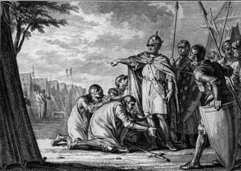 Ludwig der Fromme (778-840) vergibt seinem Sohn Lothar (795-855), der sich ihm zu Füßen wirft. 834. Gravur von Jean Michel Moreau, genannt Moreau le Jeune