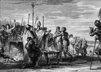 Ordalien oder „die Urteile Gottes“, 877: Die Vertreter von Ludwig von Germanien, die gekommen sind, um von Ludwig II. dem Kahlen die Hälfte des Königreichs Lothringen zu fordern, stimmen zu, sich den Prüfungen von heißem Eisen, kochendem Wasser und kaltem 