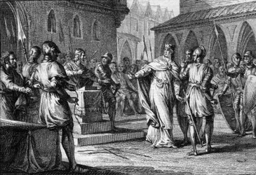 Aufstand gegen Karl III. den Einfältigen durch die von Robert (865-923) angeführten Herren, der 922 als Robert I. König von Frankreich wurde, Soissons 920 (Gravur)