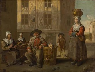 Ein Geflügelhändler und eine alte Frau, die sich die Hände wärmt, ca. 1652