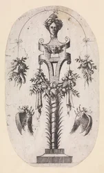 Entwurf für einen Pfeiler mit dem Kopf einer Frau, Riemenwerk und Trophäen, 1535-55