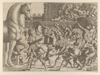 Die Trojaner bringen das hölzerne Pferd in ihre Stadt, 1535-55