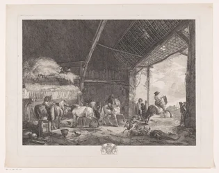 Figuren und Pferde im Stall des Postamts (Prenten nach Gemälden von Philips Wouwerman)
