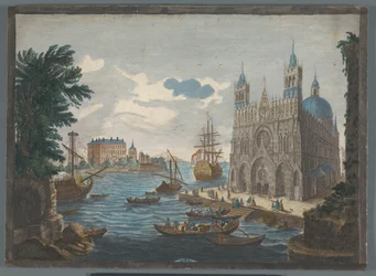 Ansicht einer gotischen Kathedrale am Wasser