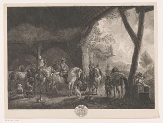 Jagdgesellschaft, die aus einem Stall aufbricht (Prenten naar schilderijen door Philips Wouwerman)