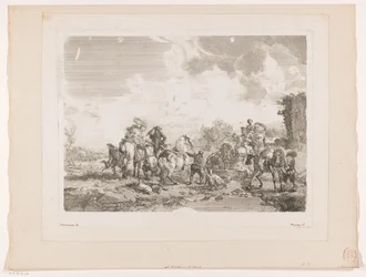 Rastende Jagdgesellschaft bei einem Brunnen