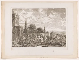 Abreisende Jagdgesellschaft vor einem Haus