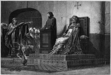 Papst Formosus und Stephan VII. Die Leichensynode, 897: Der Leichnam von Papst Formosus (Papst von 891 bis 896) wird in seinen Pontifikalgewändern einer von Papst Stephan VI. oder VII. (Papst von 896 bis 897) geleiteten Synodalversammlung vorgeführt, die