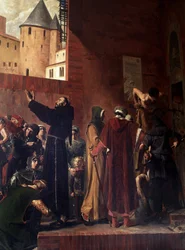 Befreiung der Gefangenen von Carcassonne. Im August 1303 kommen die Menschen von Carcassonne und Albi, um die vielen Gefangenen aus den Kerkern der Inquisition zu befreien - Bernard Delicieux versucht, die Menge zu beruhigen, die seine Reden amüsierten - D