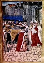 F.28r Die Ankunft des Leichnams der Herzogin Königin und der Empfang durch Kardinal Philipp von Luxemburg, aus dem Bericht über das Begräbnis von Anne von Bretagne, 1515