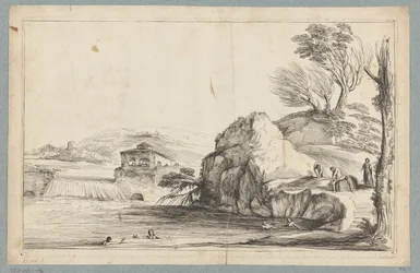 Landschaft mit Schwimmern bei einem kleinen Wasserfall