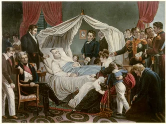Der Tod Napoleons, 5/05/1821 auf St. Helena. Lithographie von Jean Pierre Marie Jazet nach dem Gemälde von Charles Auguste Steuben. Malmaison, Schlossmuseum