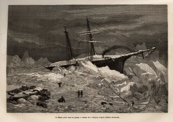 Das deutsche Schiff La Hansa im Eis gefangen, die Besatzung beeilt sich, die notwendigen Gegenstände und Vorräte auszupacken, bevor sie das Schiff verlassen und die Expedition auf dem Eis fortsetzen, graviert nach der Zeichnung von J. Moynet, zur Illustrat