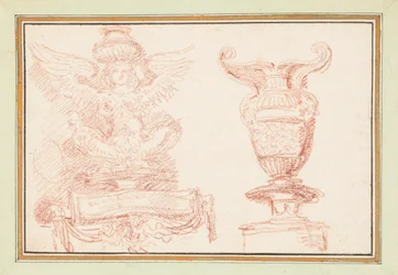 Ornamentales Detail mit geflügelter Figur und Vase