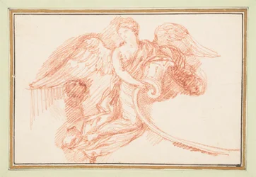 Geflügelte weibliche Figur mit dekorativer Schriftrolle