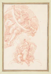 Geflügelte Figur, die einen Riemen mit Putto hält