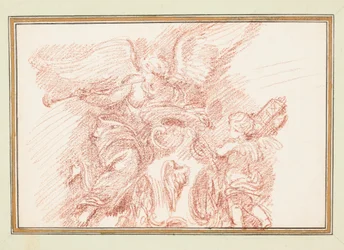Geflügelte Figur mit Horn und Putto mit Fasces