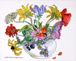 Schwarzäugige Susans, Wilde Möhre & Kosmos in Blau-Weißer Porzellanschale