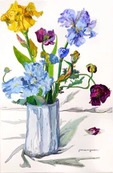 Iris, Mohn in Silbervase
