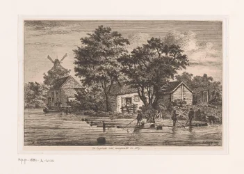 Ansicht der englischen Festung in Antwerpen, auf der Baumstämme gesammelt werden, im Hintergrund Gebäude und eine Mühle