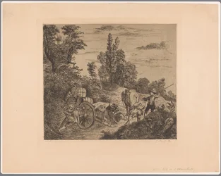 Landschaft mit einem im Wasser steckengebliebenen Wagen, der von einer Gruppe Männer an Land gezogen wird