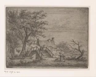 Landschaft mit Holzbrücke über einen Fluss
