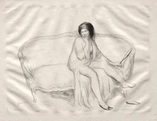 Sitzende nackte Frau auf einem Sofa