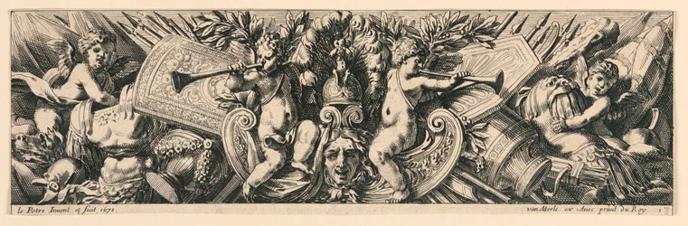 Fries: Trophäen von Waffen und Putti
