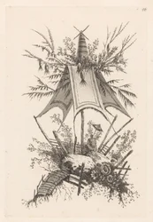 Mann mit Sonnenschirm unter Zelt