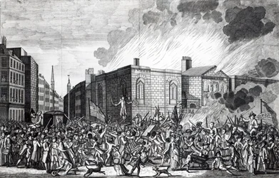 Eine genaue Darstellung der Verbrennung, Plünderung und Zerstörung von Newgate durch die Aufständischen am denkwürdigen 7. Juni 1780, graviert von Henry Roberts, 1781