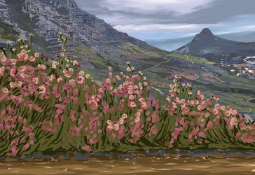 Rosa Blumen Bergpanorama
