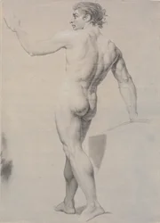 Modell stehend, von hinten gesehen, linker Arm erhoben