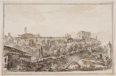 Stadtansicht mit Palast und Kirche umgeben von Mauer