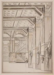 Eine Vorhalle mit Treppe im Hintergrund