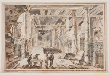 Gefängnisszene mit Polichinel und einem Gefängniswärter an einem Tisch mit zwei Richtern