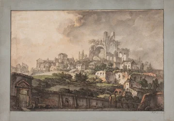 Römische Aussicht mit Mauer im Vordergrund, Kirche und Ruine im Hintergrund