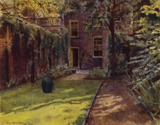 Carlyle House, Blick auf Garten und Haus (Farblithografie)