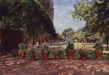 Kelmscott House, Blick auf Haus und Garten, flusswärts