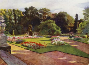 Sion, Blick auf Parterres und Brunnen (Farblithografie)