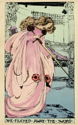 Die Fee Morgane stiehlt Excalibur für ihren Geliebten, um es gegen König Artus zu verwenden. Illustration von Jessie Marion King (1875-1949) für das Buch „Die hohe Geschichte des Heiligen Grals von Perceval dem Waliser, Ritter der Tafelrunde“ von Sebastian