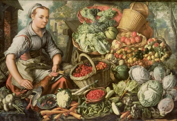 Stillleben mit Obst, Gemüse und einer Marktfrau, 1564