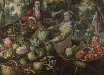 Die vier Elemente: Erde. Ein Obst- und Gemüsemarkt mit der Flucht nach Ägypten im Hintergrund - von Beuckelaer (Bueckelaer), Joachim (1533-1574) - 1569 National Gallery, London