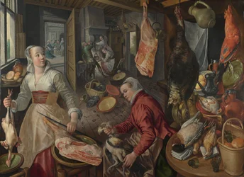 Die vier Elemente: Feuer. Eine Küchenszene mit Christus im Haus von Martha und Maria im Hintergrund - von Beuckelaer (Bueckelaer), Joachim (1533-1574) - 1569 National Gallery, London