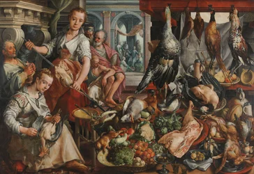 Die gut ausgestattete Küche, mit Jesus im Haus von Martha und Maria im Hintergrund