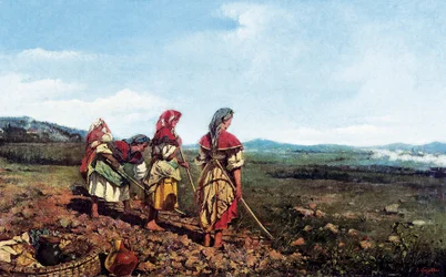 Neapolitanische Landschaft mit Figuren. Neapolitanische Bauern pflügen ein Feld auf dem Land. Gemälde von Joaquim VAYREDA i VILA (1843-1894)