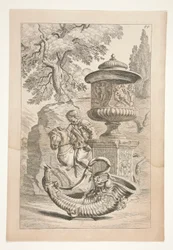 Ein Relief von Kriegern, eine bedeckte Vase mit einem bacchischen Relief und ein Füllhorn in einer Landschaft
