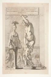 Eine Statue und eine weibliche Herm, die Vasen und Früchte trägt