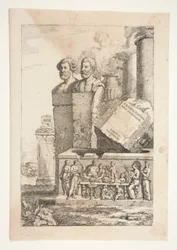 Porträtbüsten, Säulen, Rauchende Urne und ein Relief