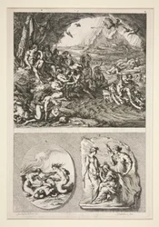 obere Hälfte: Quos Ego? untere Hälfte: Zwei antike Reliefs: Die drei Schicksalsgöttinnen und ein unbekanntes Thema